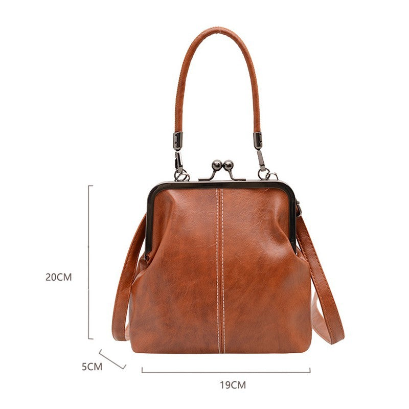 Cognac Faux Leather Kiss Lock Frame Bag Small Doctor Style Crossbody Handbag