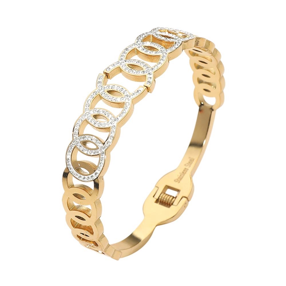 Gold Interlocking Oval Bangle Bracelet with Pave Crystal Accents Stainless Steel