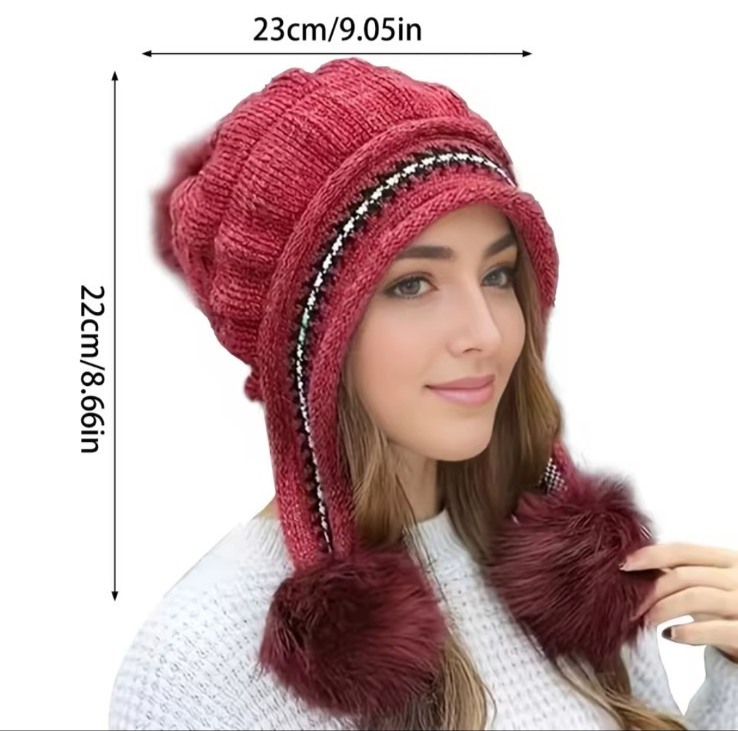 Red Chunky Knit Trapper Bobble Hat Womens Faux Fur Ear Flaps Ski Cap