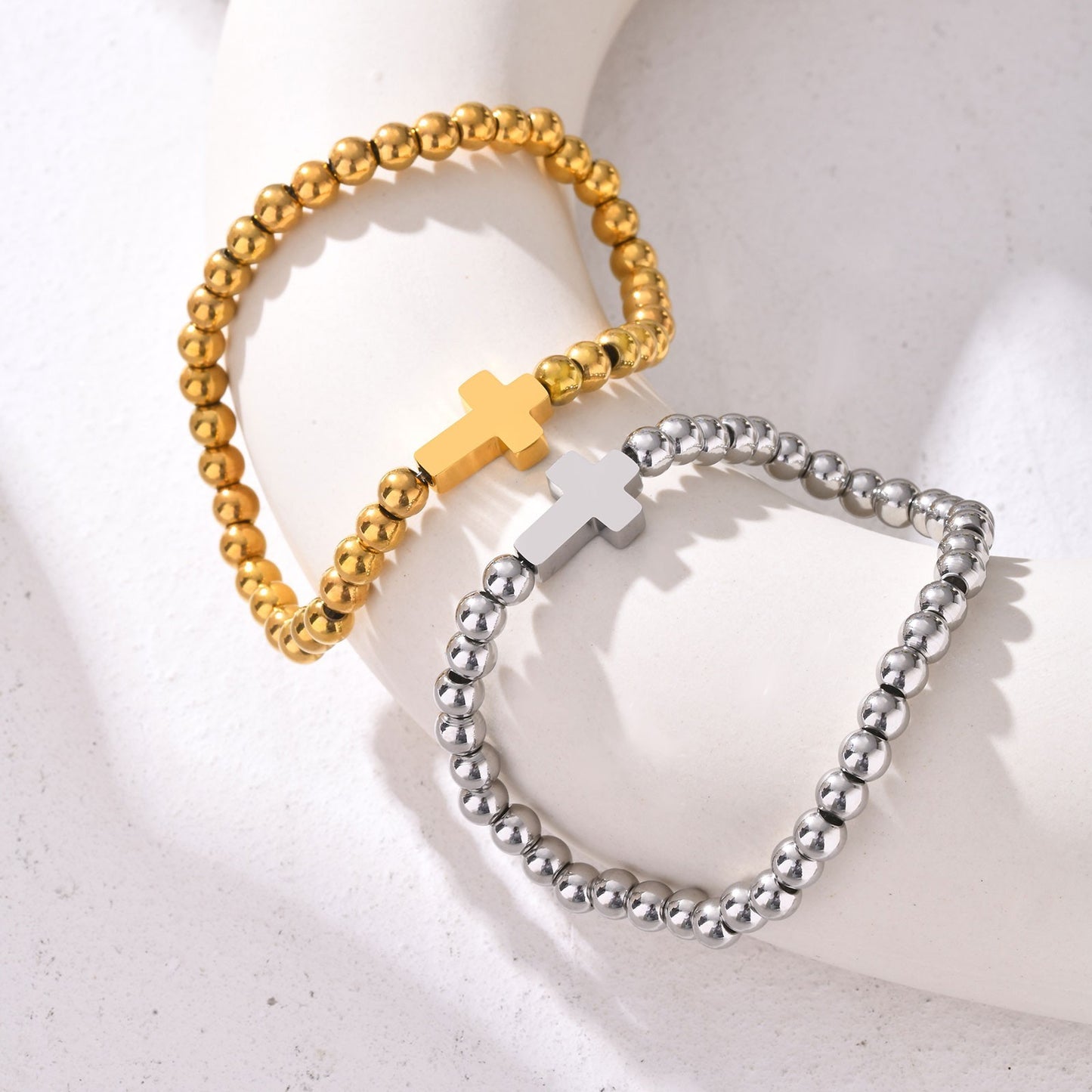 Set of 2 Cross Beaded Bracelets Gold & Silver Tone Stainless Steel Stretch Duo