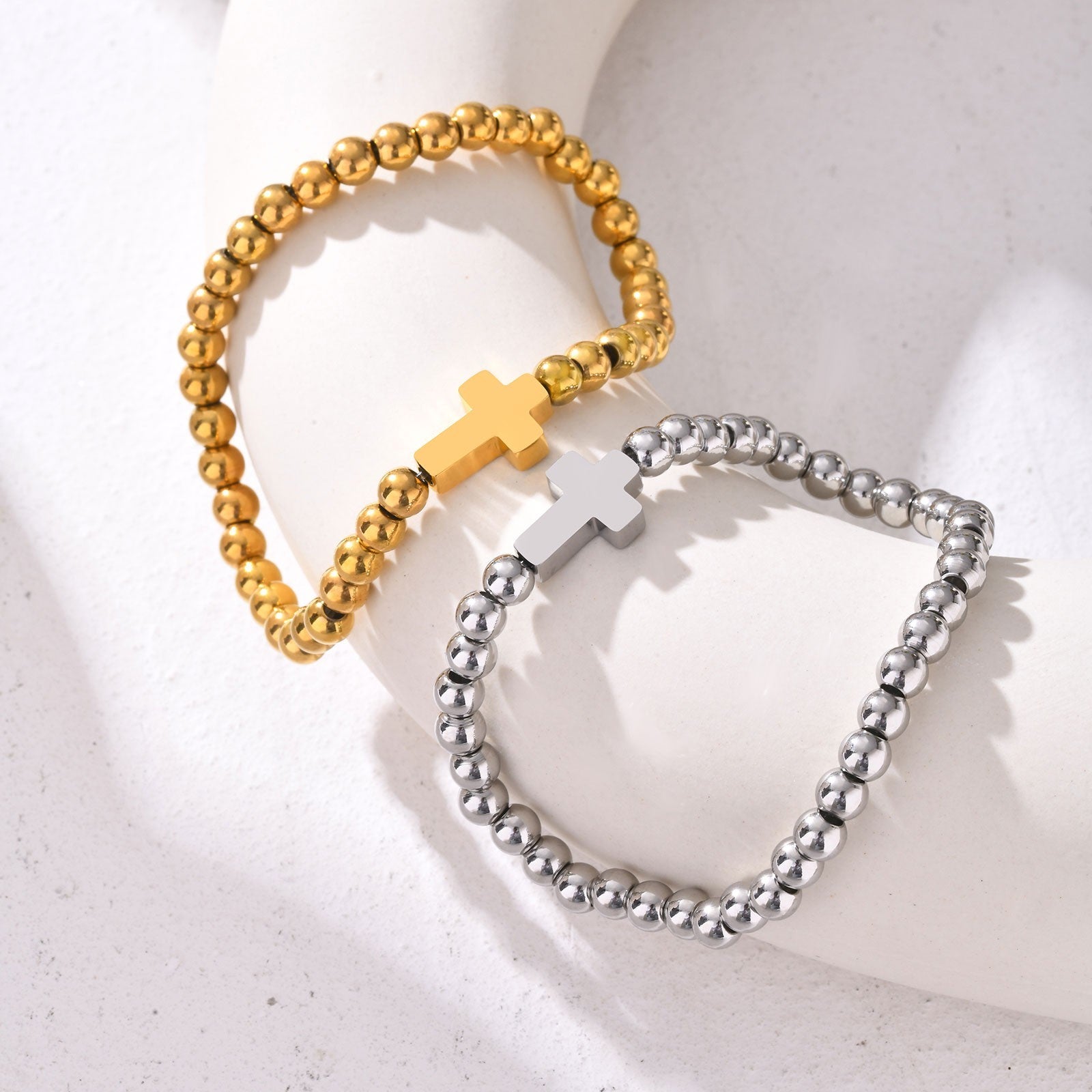 Set of 2 Cross Beaded Bracelets Gold & Silver Tone Stainless Steel Stretch Duo