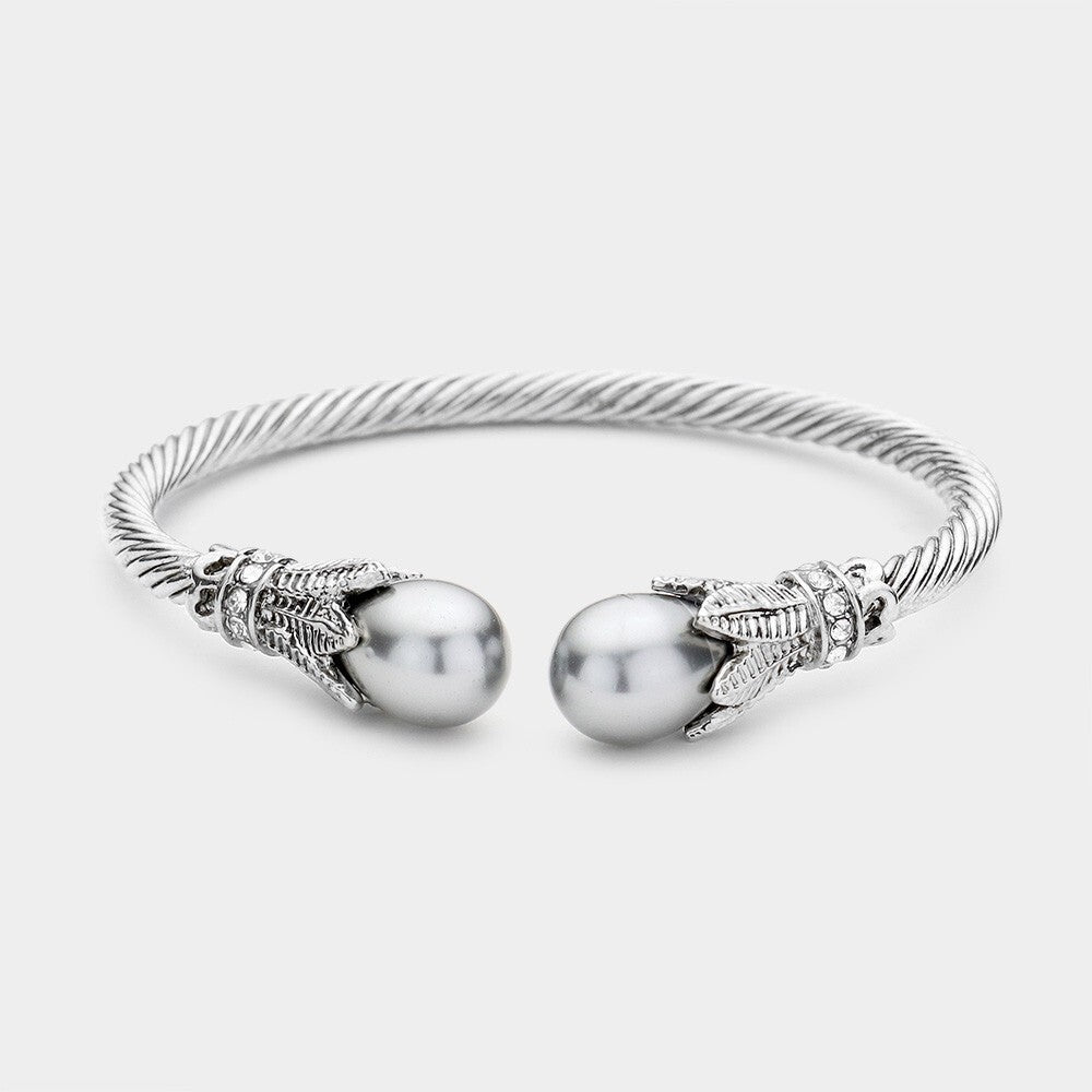 2PC Set Twisted Cable Cuff Bracelets Grey Pearl Pavé CZ Accents Bangle Silver