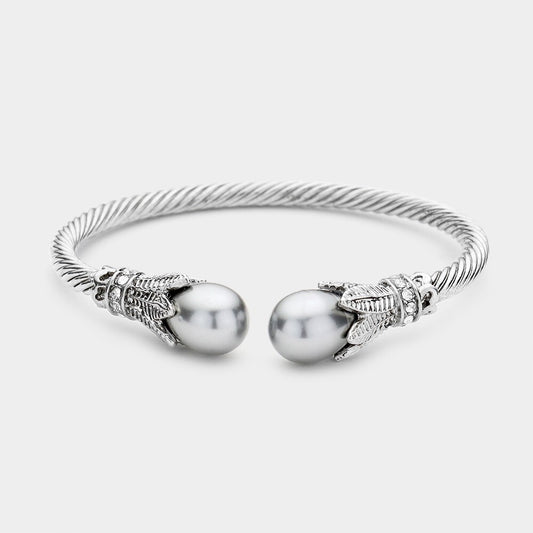 2PC Set Twisted Cable Cuff Bracelets Grey Pearl Pavé CZ Accents Bangle Silver