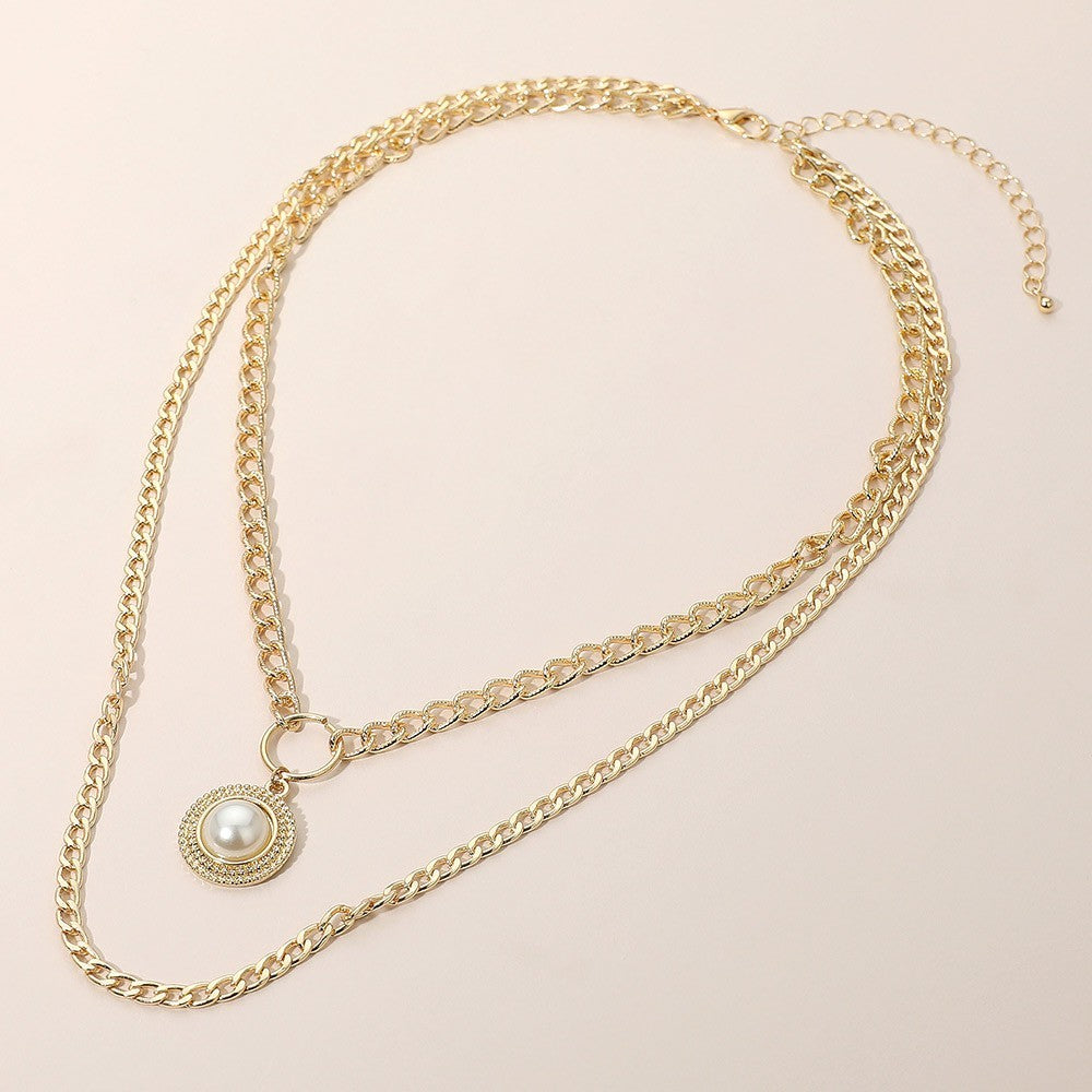 Gold Layered Chain Necklace Faux Pearl Pendant Cubic Zirconia Stack Jewelry
