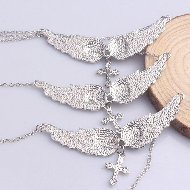 Rhinestone Angel Wing Cross Necklace Gift Set 3 Pcs Pink Blue Silver Jewelry