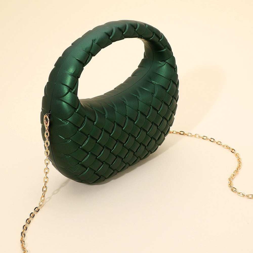 Green Faux Leather Woven Evening Clutch Bag Detachable Gold Chain Handbag
