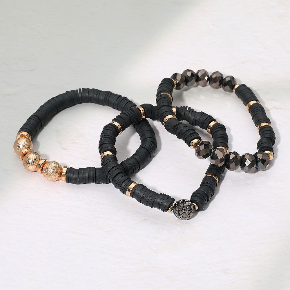 Chic 3 Piece Black Heishi Bead Stack with Gold Accents and Crystal Disco Ball