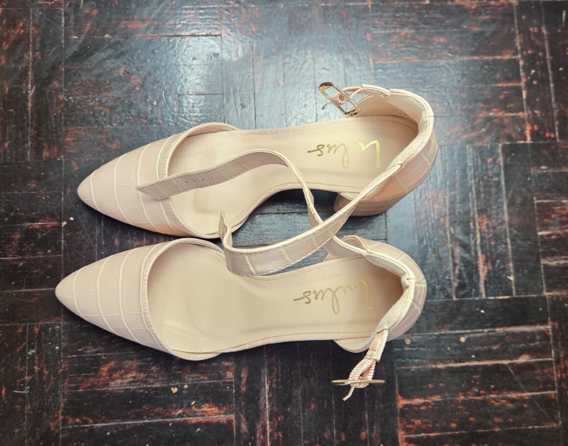 Ellarose Nude Crocodile Ankle Strap Heels for Women Round Toe Platforms  US 6.5