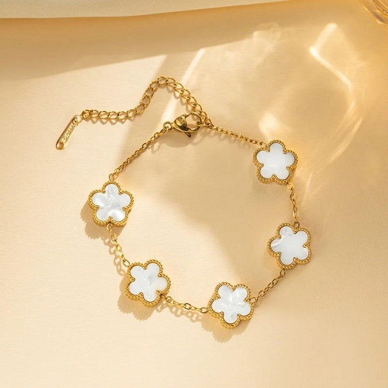 2pcs Flower Bracelet Set Gold Plated Stainless Steel Pink White Floral Jewelry