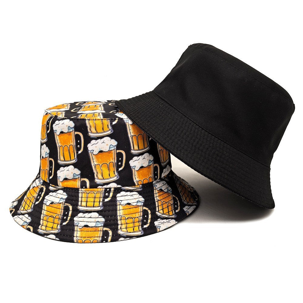 2PCs Reversible Beer Mug Print Bucket Hat Gift Set for Men Women Party