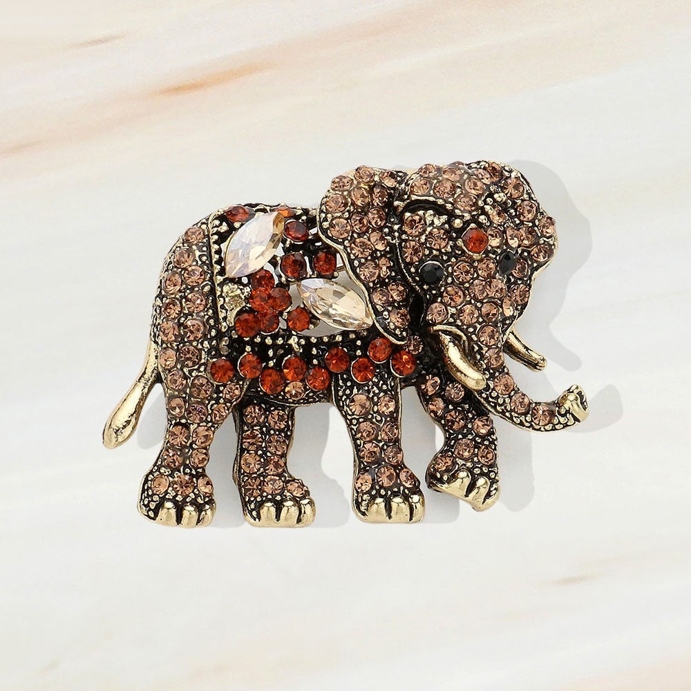 2 Elephant Brooch Set: Red Ruby & Brown Amber Rhinestone Costume Jewelry Pins