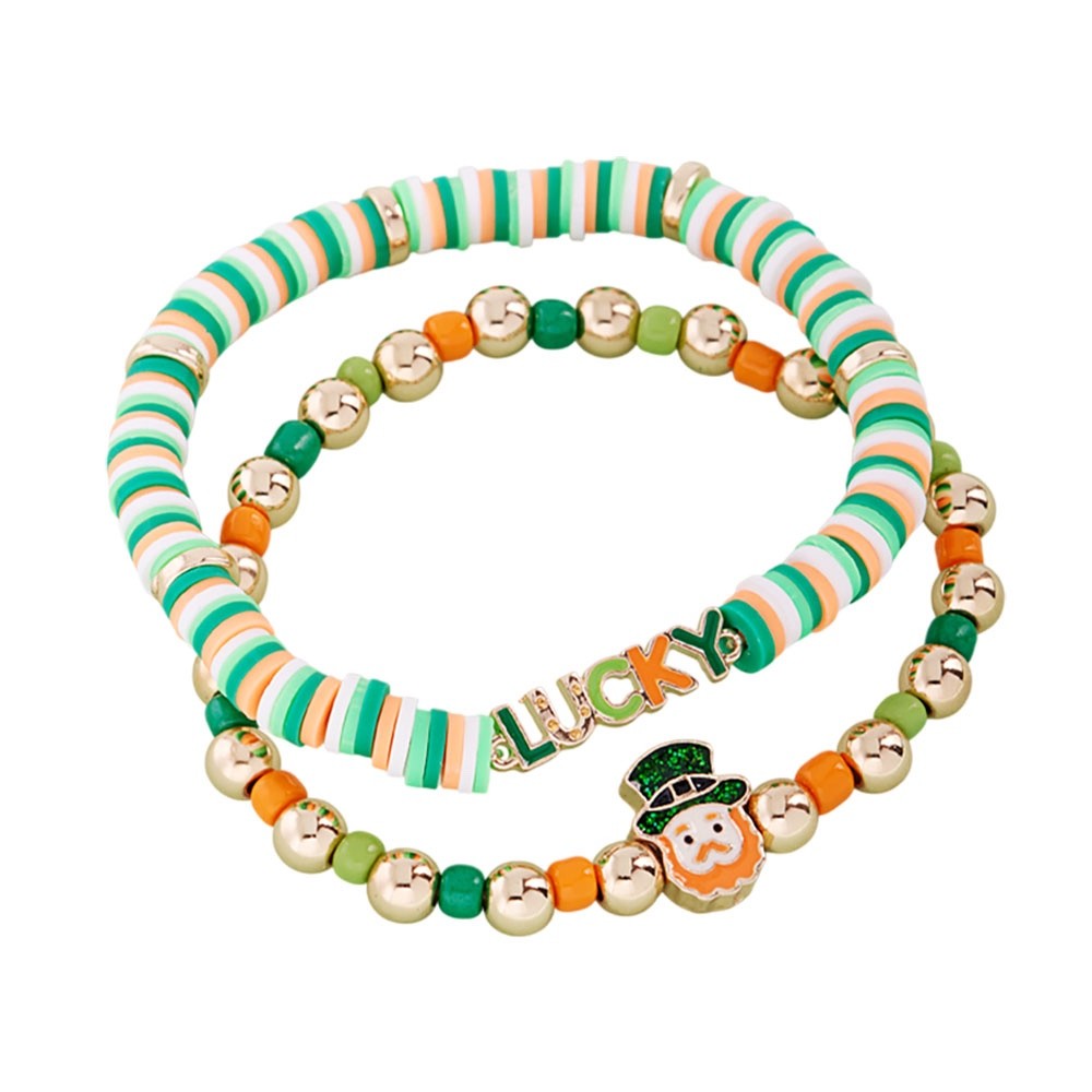 St. Patrick's Day Leprechaun & Lucky Bracelet Set - 2pc Green & Gold Stretch