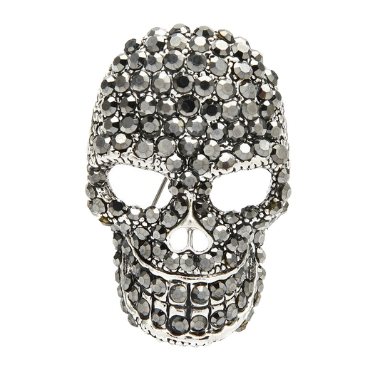 Set of 2 Rhinestone Skull Brooches Silver & Gray Crystal Gothic Punk Pin Duo