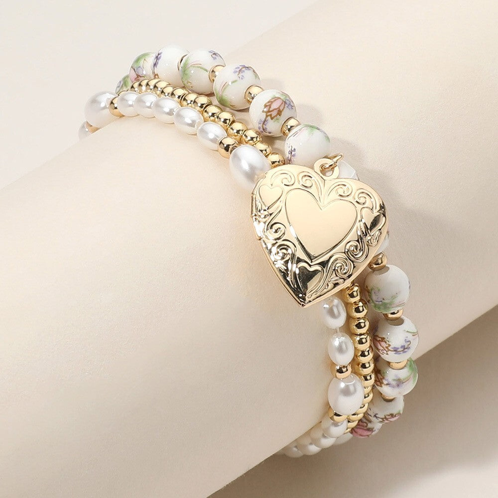 3PC Women's Beaded Stretch Bracelet Set Heart Locket Pearl Ceramic Metal Charm