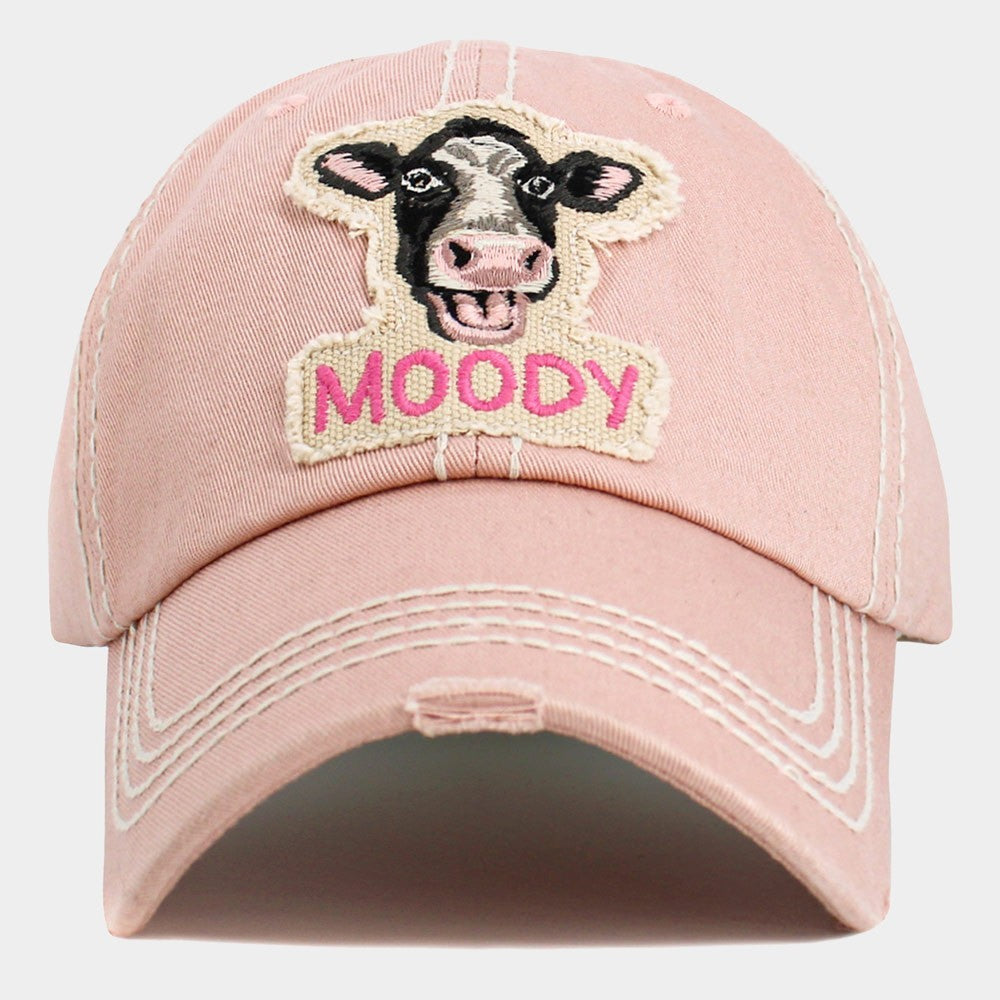 MOODY Message Cow Patch Vintage Style Baseball Cap Pink 100% Cotton Adjustable