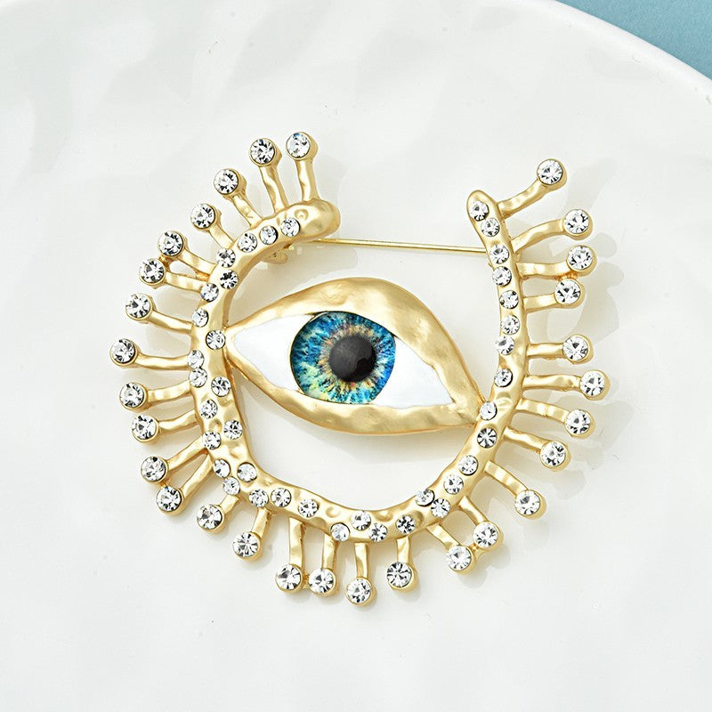 Gold Tone Evil Eye Brooch Pin Sunburst Rhinestone Amulet Protection Jewelry