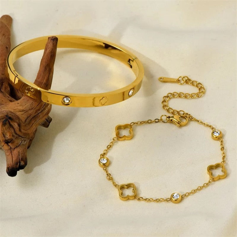 Gold Plated Clover Bracelet Bangle Set Stackable Crystal Jewelry Gift