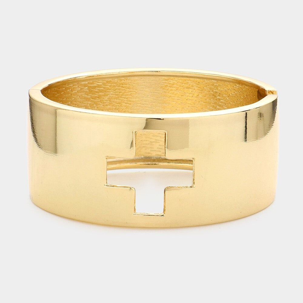 Women's Gold Tone Hinged Bangle Bracelet Square Cross Metal Faith Jewelry