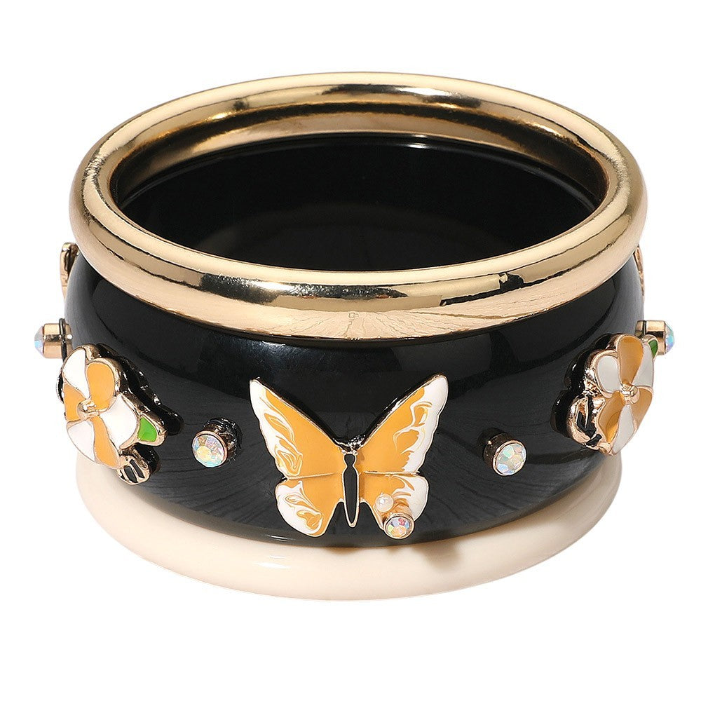 3PC Butterfly Floral Bangle Bracelet Set Black Gold Ivory Enamel Jewelry