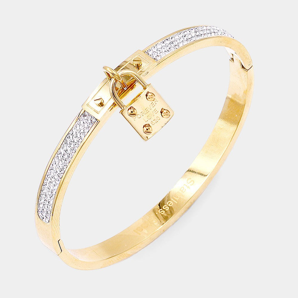 Women's FOREVER LOVE Metal Lock Charm Stainless Steel Evening Bracelet Gold Tone