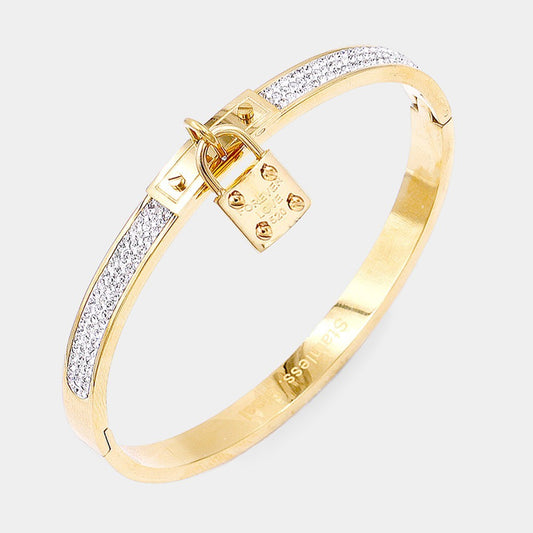 Women's FOREVER LOVE Metal Lock Charm Stainless Steel Evening Bracelet Gold Tone