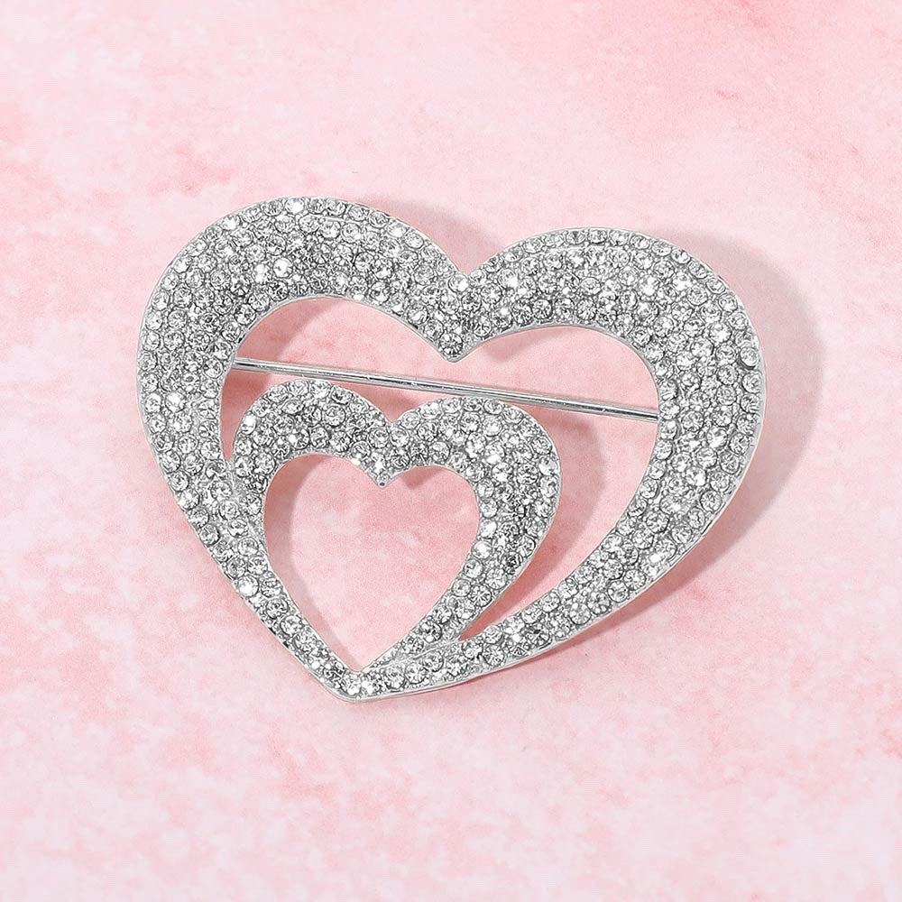 2pc Red & Silver Rhinestone Double Heart Brooch Pins Interlocking Jewelry Set