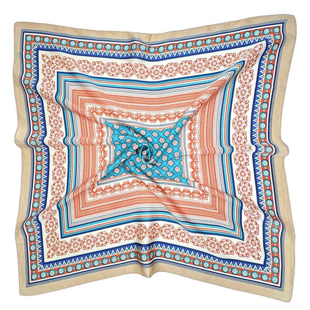 Bohemian Geometric Square Satin Scarf - Teal and Orange Tile Print Neck Wrap