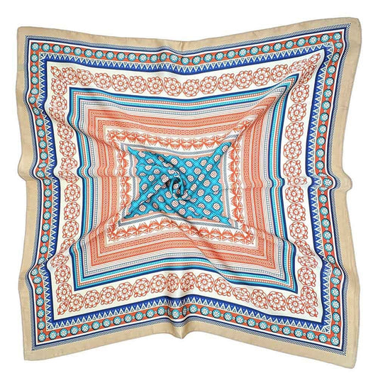 Bohemian Geometric Square Satin Scarf - Teal and Orange Tile Print Neck Wrap