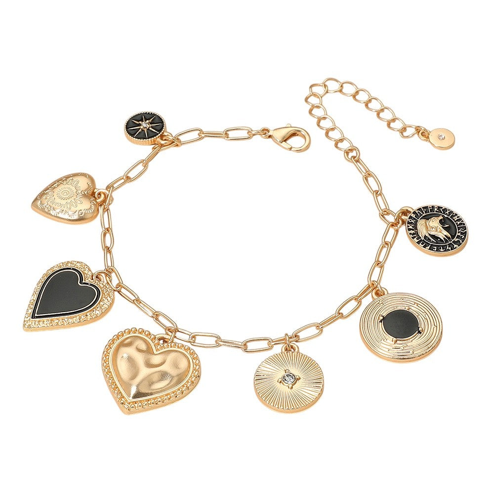 Gold Multi-Charm Celestial Heart Bracelet - Eclectic Black Enamel Jewelry