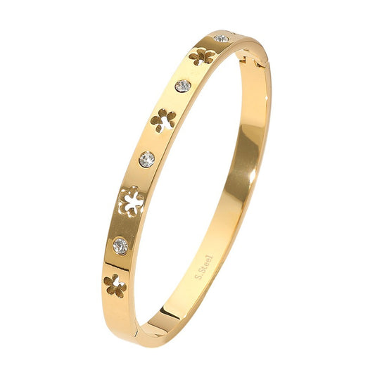 Stainless Steel Flower Cutout Hinged Bangle Bracelet with Sparkling Stones