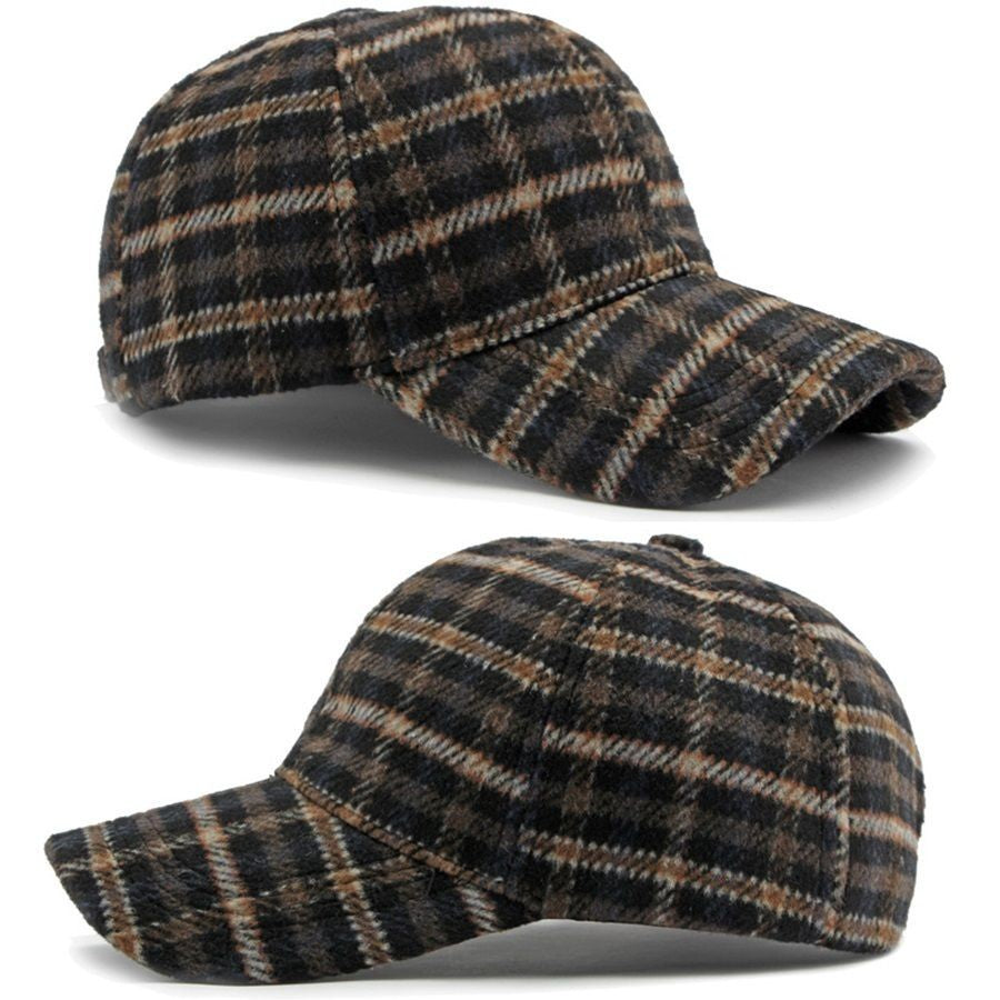 Men's Plaid Wool Blend Baseball Cap Winter Warm Adjustable Strap Hat Grey Tan