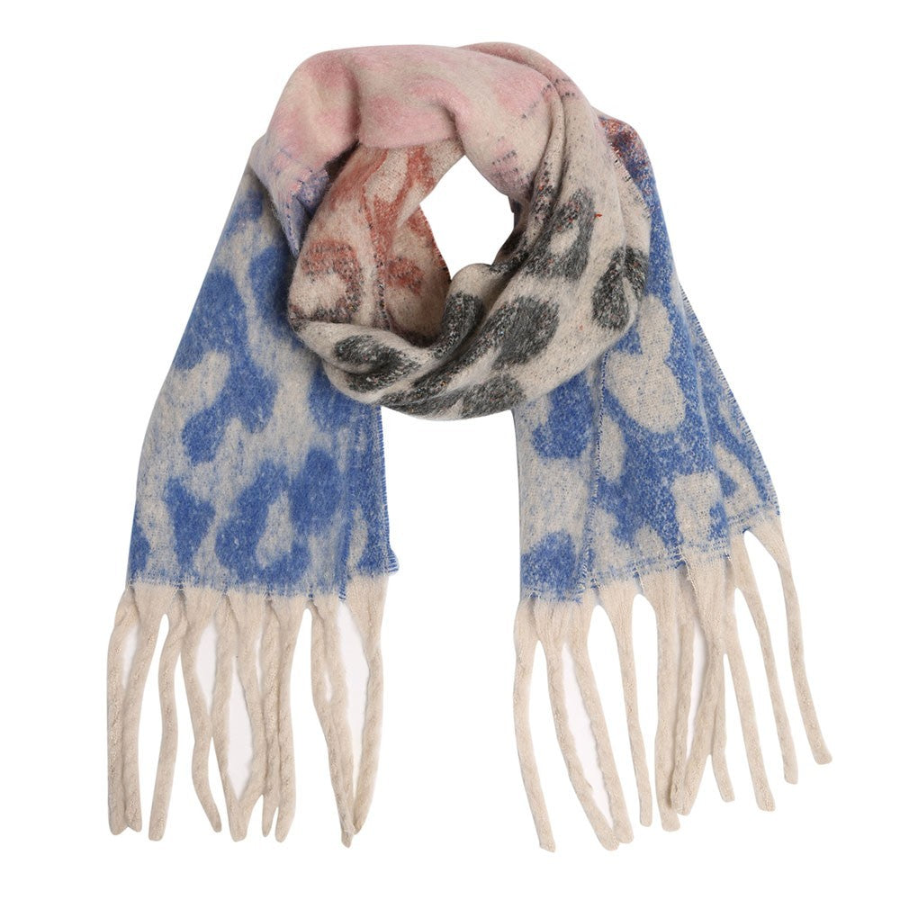 Blue Pink Leopard Print Scarf Oversized Winter Shawl Chunky Fringe Wrap 76x15
