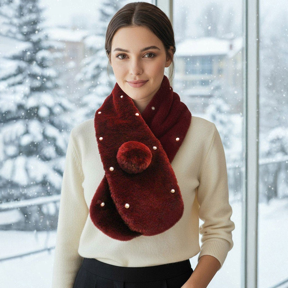 Pearl Embellished Faux Fur Pom Pom Pull-Through Collar Burgundy  Scarf for Women