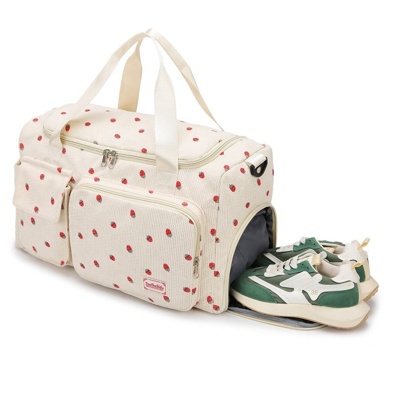 Strawberry Corduroy Travel Duffel Bag Shoe Compartment Trolley Sleeve