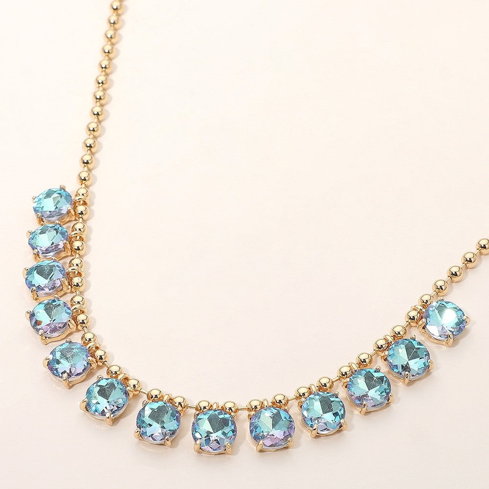 Iridescent Blue Aurora Borealis Crystal Gold Tone Graduated Collar Necklace New