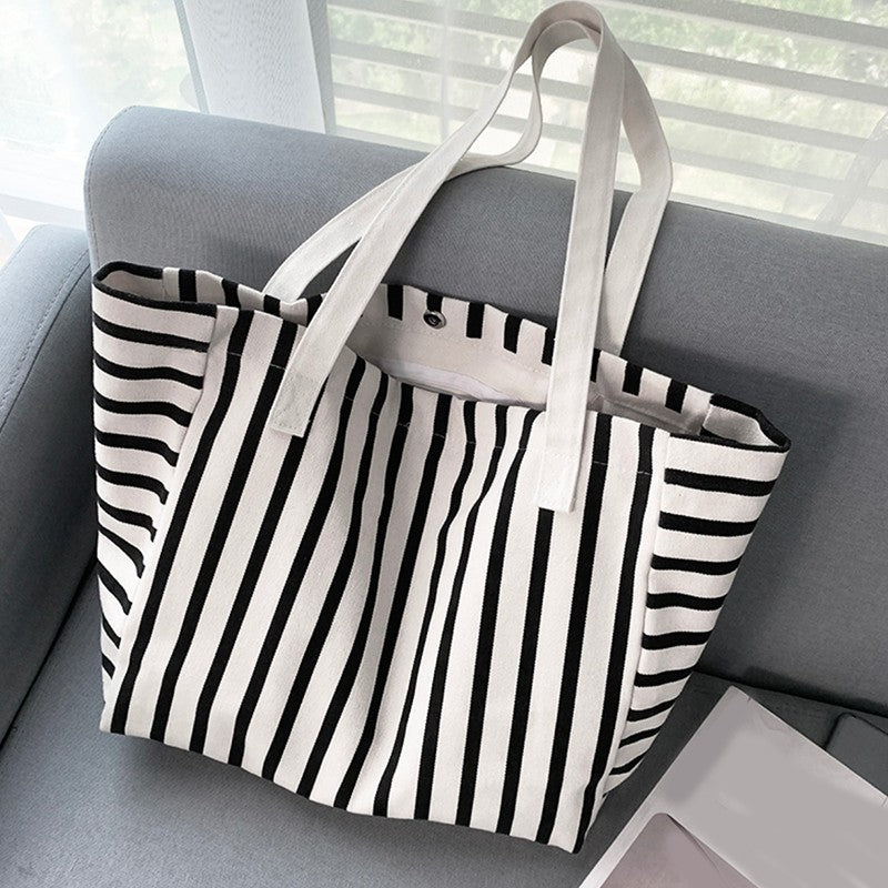 Large Canvas Tote Bag Striped Black White Shoulder Handbag Cotton Beach Shopper