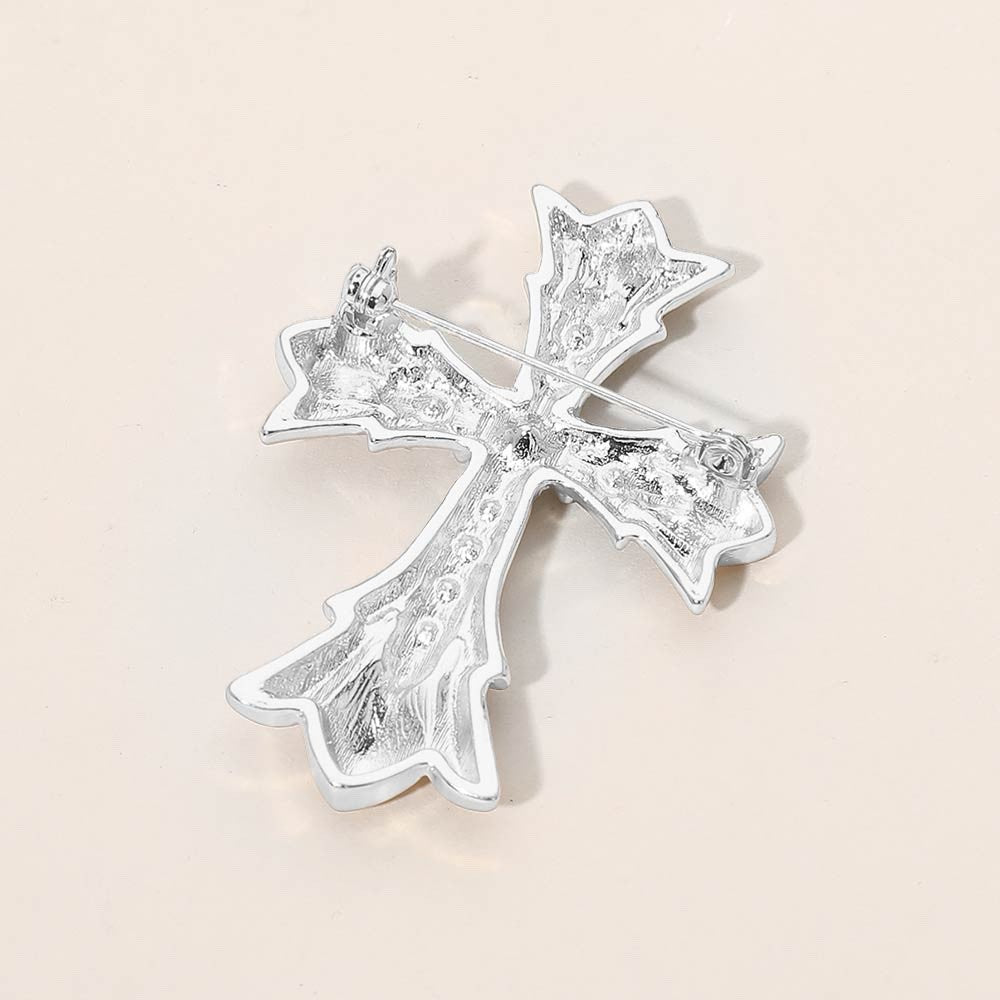 Silver Tone Ornate Rhinestone Gothic Cross Brooch Pin Accessory - 1.7" x 2.3"