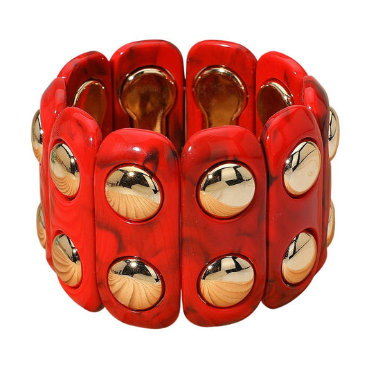 2Pcs Red Marble Resin Wide Segmented Stretch Bracelet Gold Stud Statement