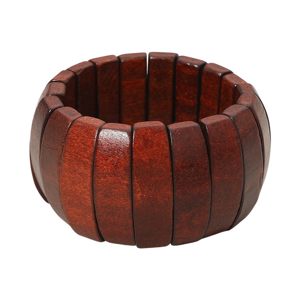 Mahogany Wood Stretch Bangle - Chunky Natural Timber Statement Bracelet for Wome