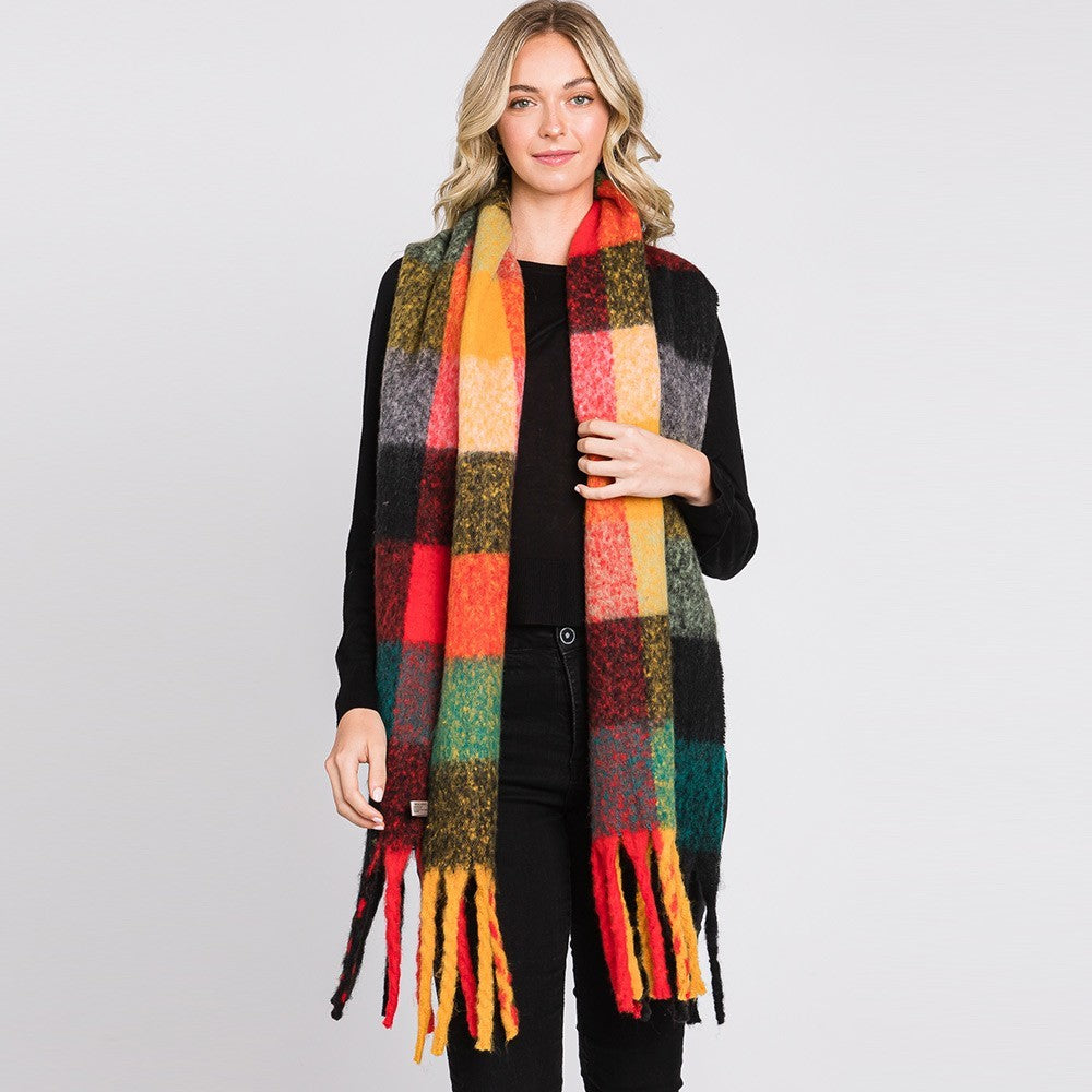 2pcs Multi-Colored Plaid Check Patterned Fringe Oblong Winter Scarf Gift Set