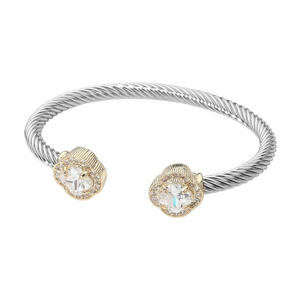 14K Gold Plated Quatrefoil Pave Cubic Zircon Stone Tip Twisted Cuff Bracelet