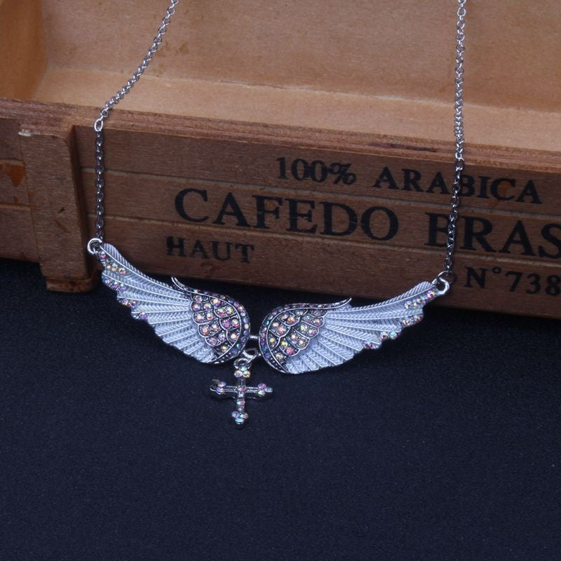 Rhinestone Angel Wing Cross Necklace Gift Set 3 Pcs Pink Blue Silver Jewelry