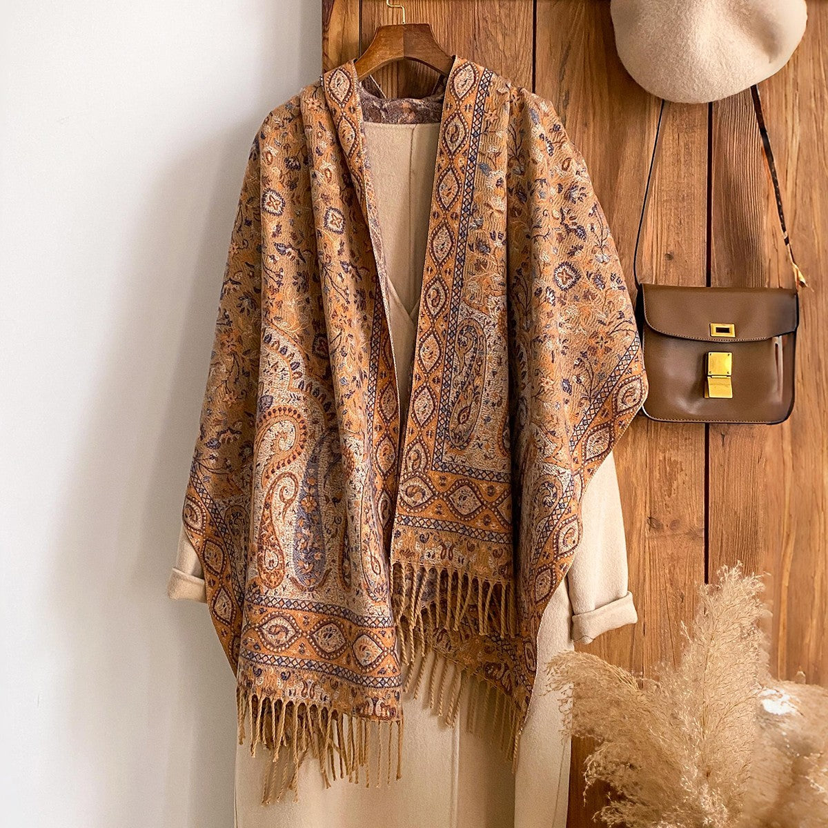 Paisley Scarf Cashmere Feel Soft Polyester 25in x 79in Brown Orange Fringe Wrap