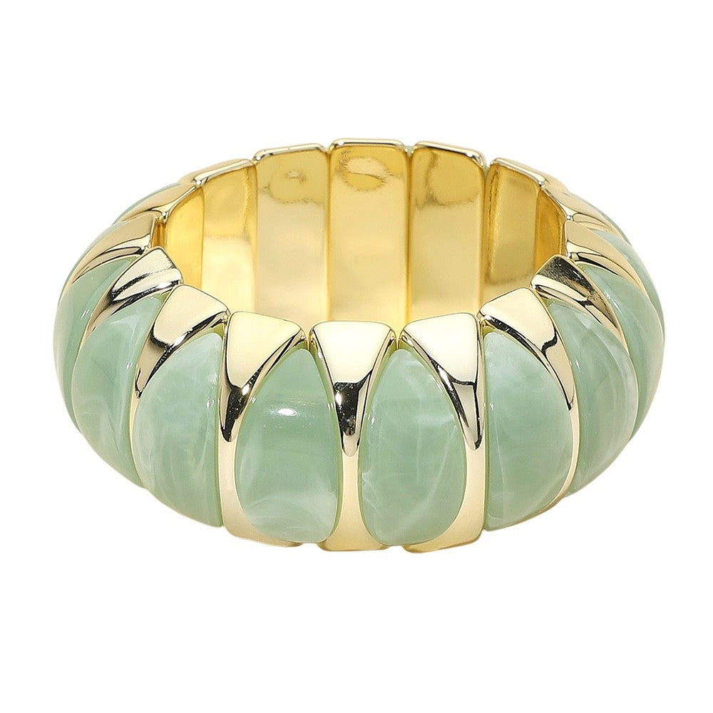 Gold Ribbed Mint Green Marbleized Resin Stretch Bracelet - Boho Statement Cuff