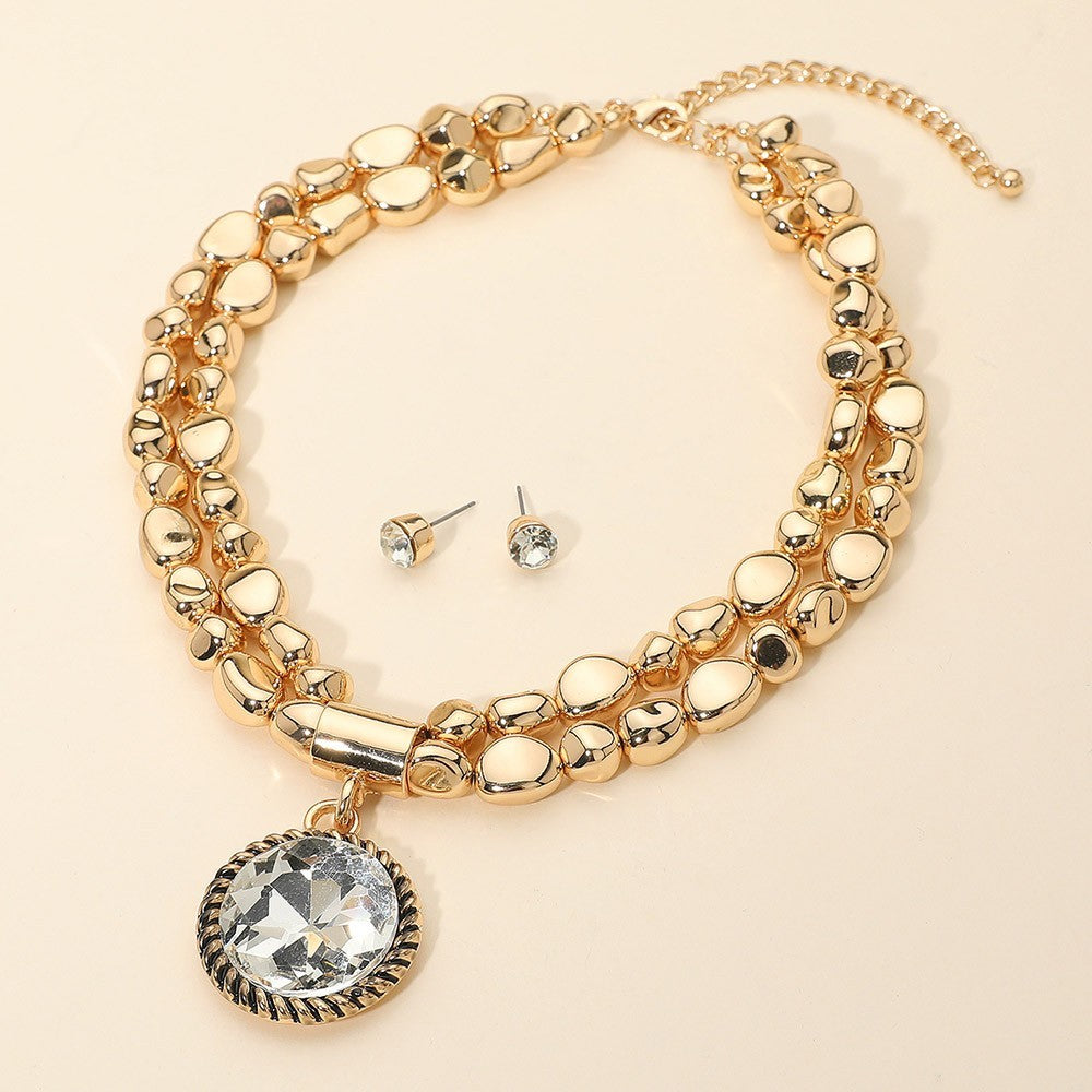 Gold Tone Chunky Chain Statement Necklace Crystal Pendant Stud Earrings Set