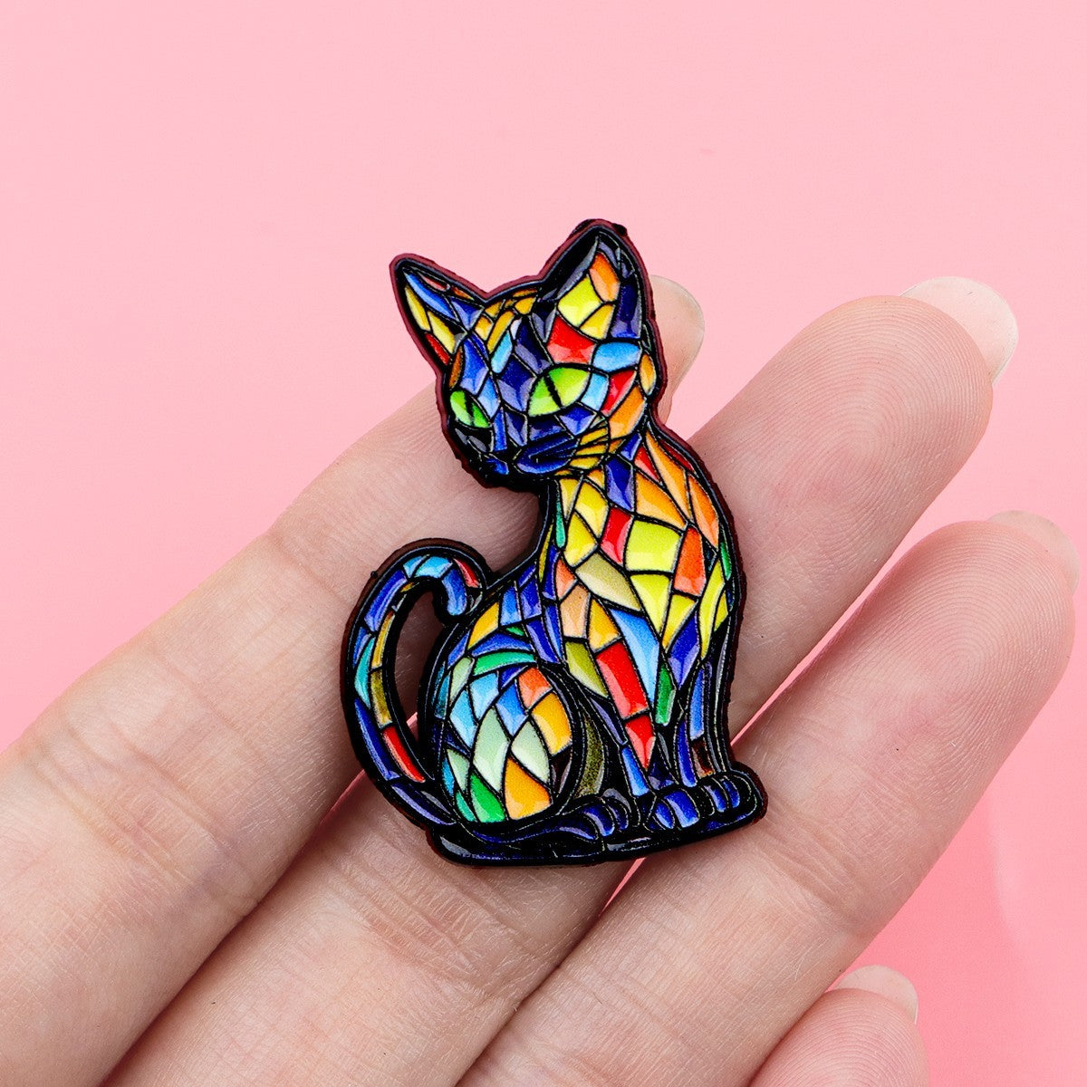 2PCS Colorful Stained Glass Style Cat Enamel Pin Set Brooch Bag Jacket Badge