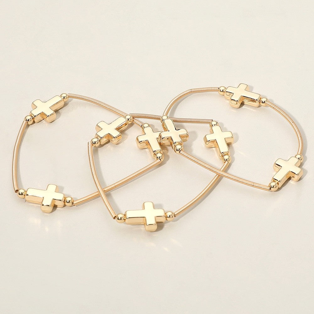 3pc Gold Cross Charm Coil Stretch Bracelet Set - Religious Faith Jewelry Gift
