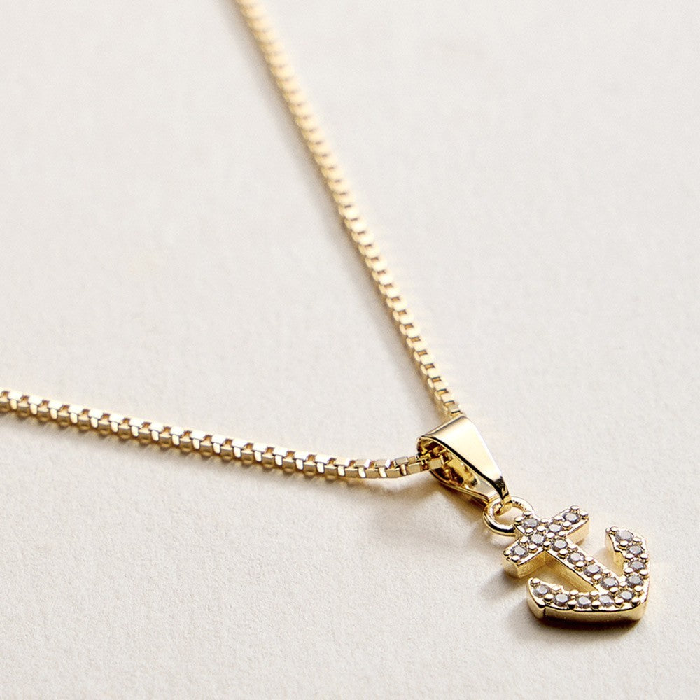 18K Gold Filled CZ Stone Paved Anchor Pendant Nautical Necklace with Box Chain