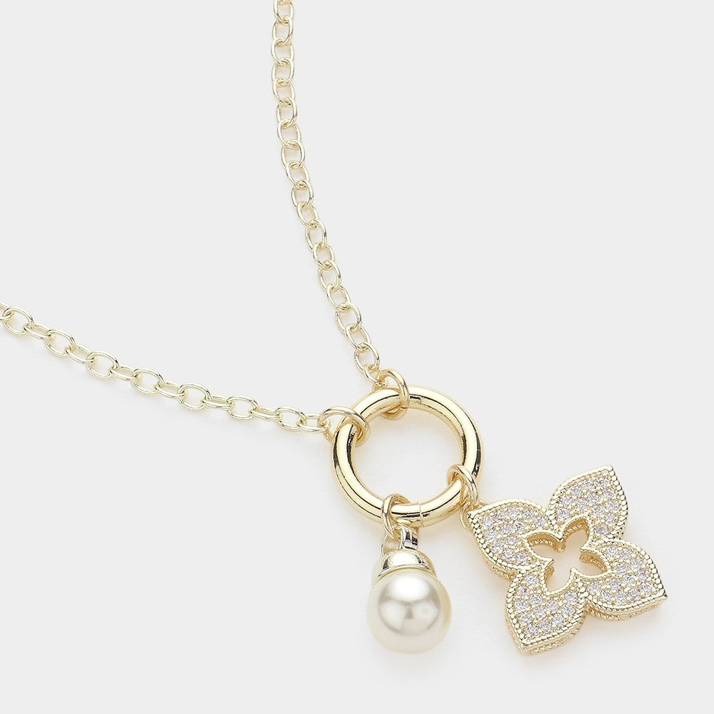 14K Gold Plated CZ Paved Clover Natural Pearl Charm Pendant Necklace Adjustable
