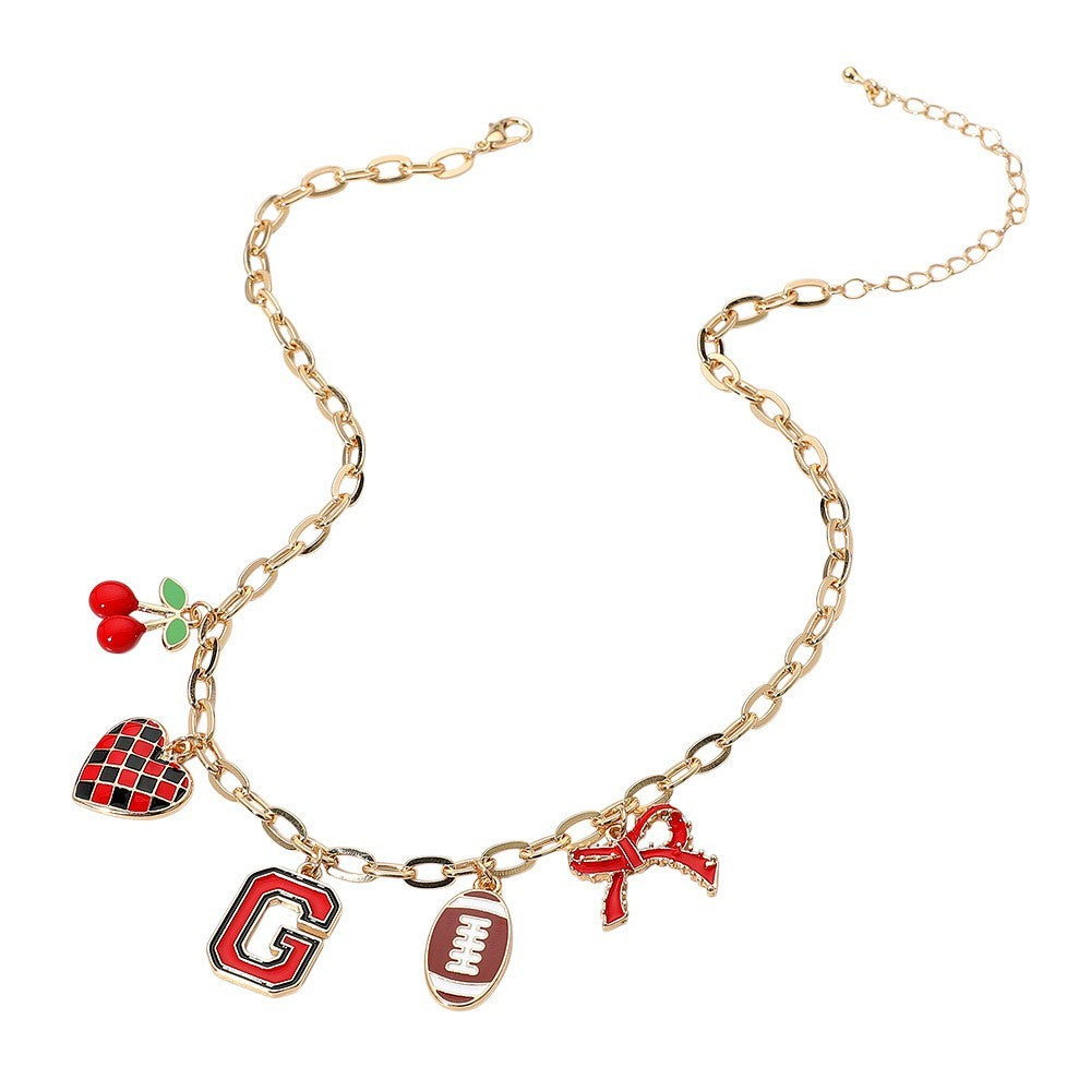 Football Theme Bow Cherry Heart Charm Station Necklace for Women Girls Jewelry
